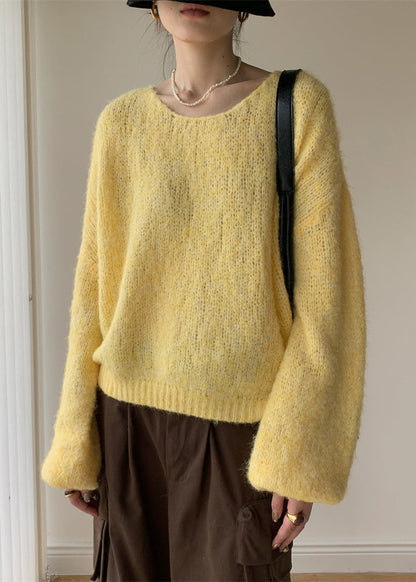 Pull en tricot de coton uni jaune col en V hiver WY020