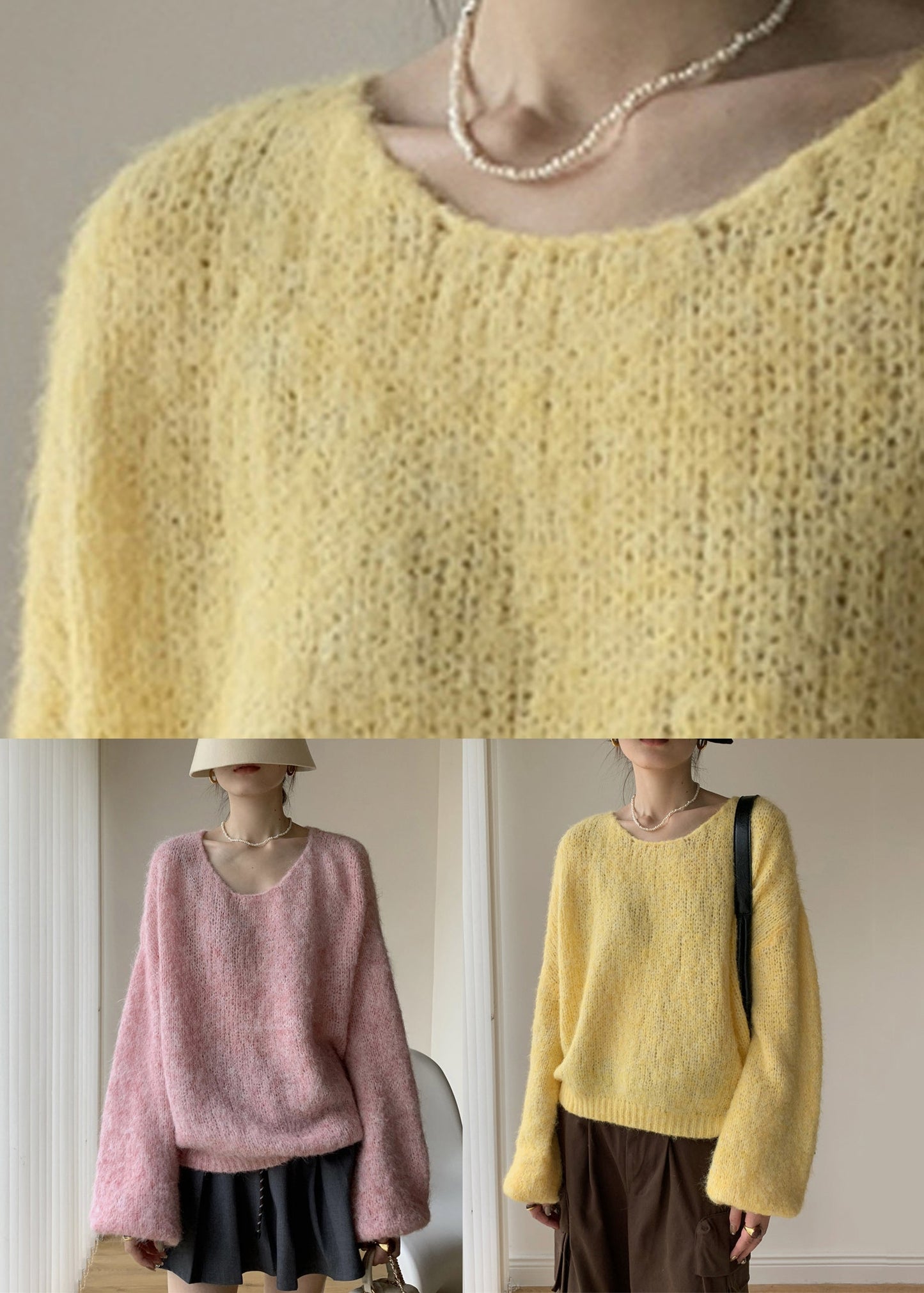 Yellow Solid Cotton Knit Pullover Sweater V Neck Winter WY020