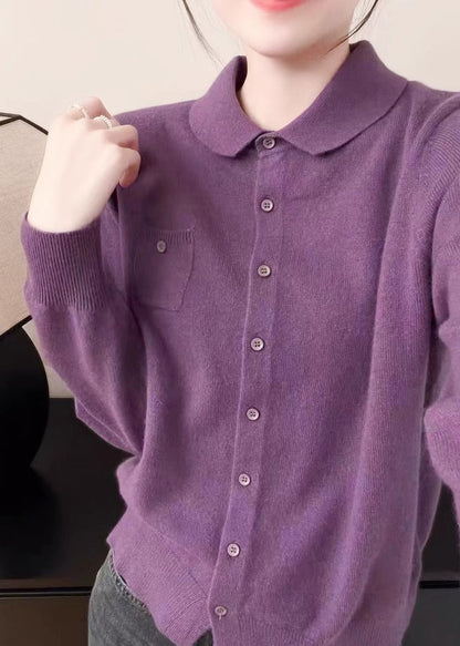 Pull en tricot à boutons et col Peter Pan violet pour femme Automne QX036 