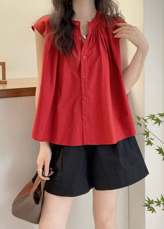 Women Red O Neck Button Cotton Blouses Sleeveless QP063