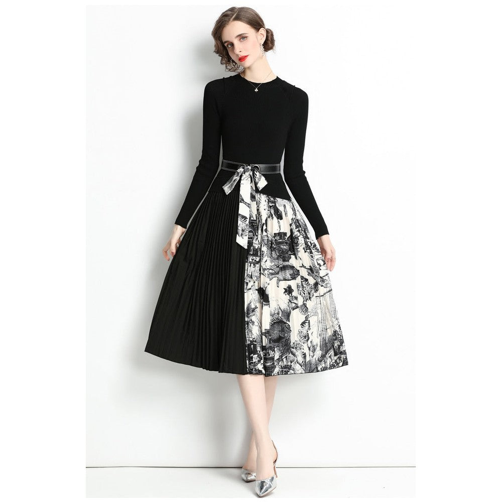 Women Black O-neck Belt Patchwork Floral Print Pleated Hem Long Sleeve Knit Dress AR1001