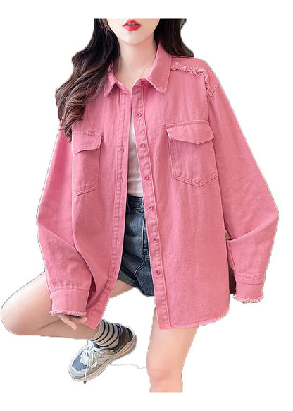 Casual Pink Peter Pan Collar Pockets Denim Shirts Coat Fall QX021