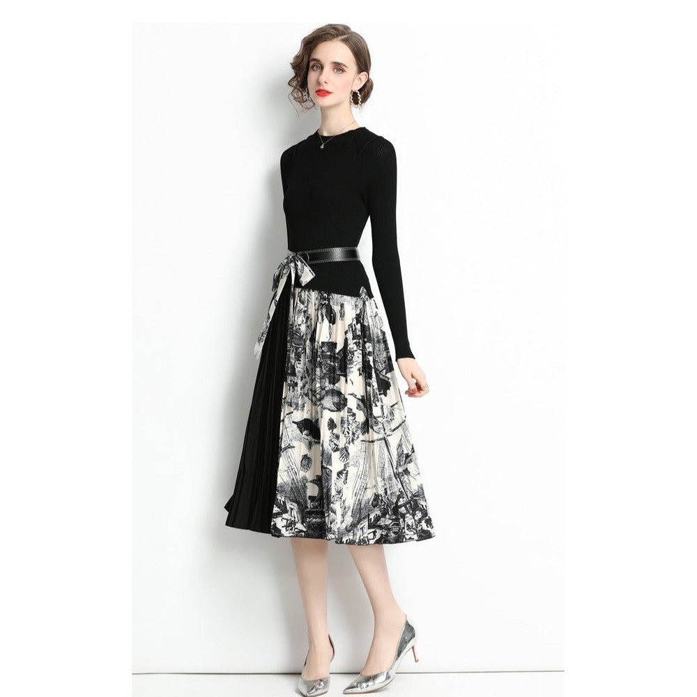 Women Black O-neck Belt Patchwork Floral Print Pleated Hem Long Sleeve Knit Dress AR1001