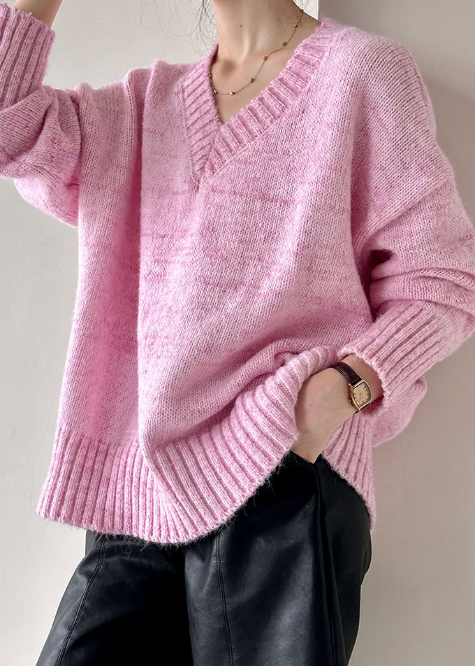 Pull ample en tricot de coton ajouré à col en V rose automne AF1091 