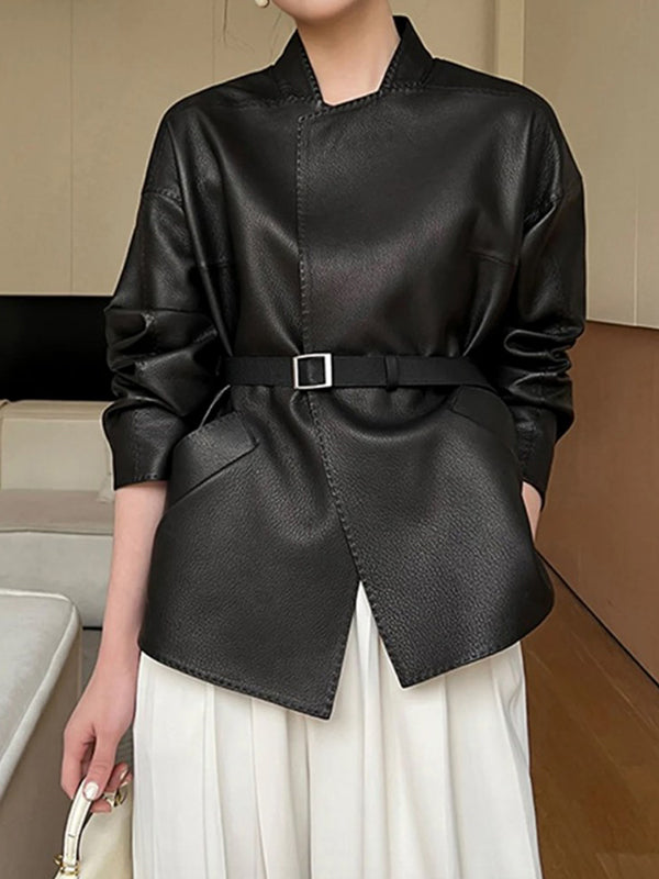 Modern Black Stand Collar Belted Pockets Long Sleeve Pu Leather Jacket TW013