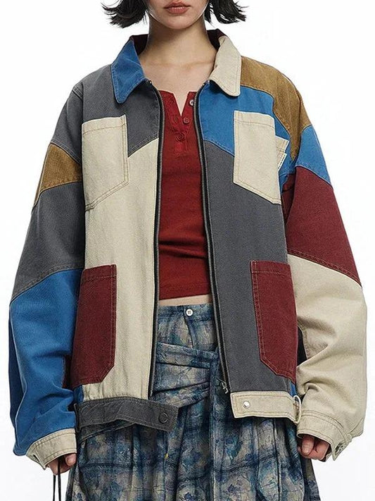 Art Lapel Blue Colorblock Long Sleeve Zip-up Denim Jacket TW017