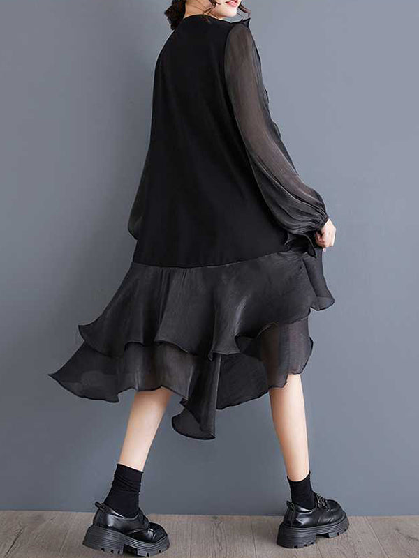 Chic Black Round-Neck Patchwork Contrast Color Ruffle Trim High-Low Long Sleeve Dress TW019