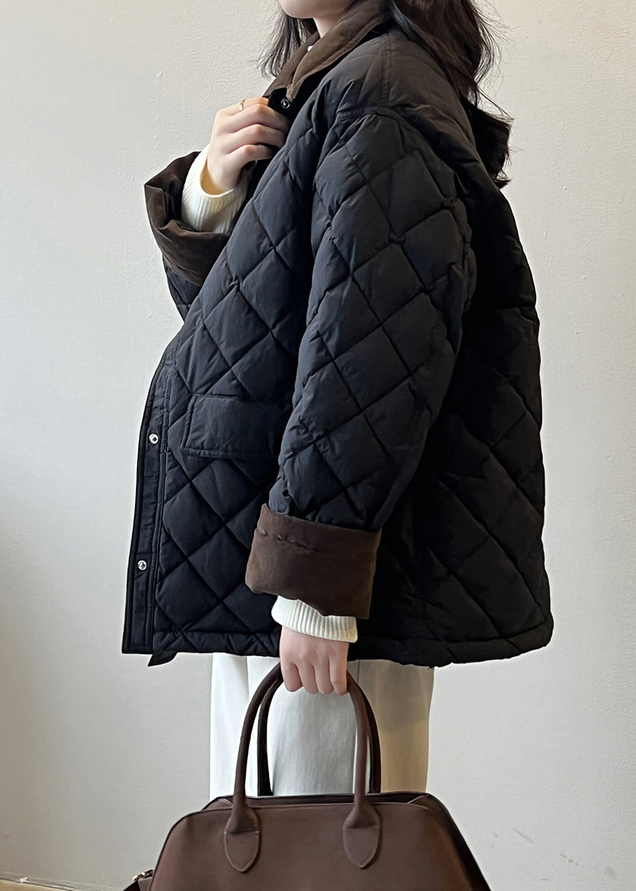 Black Pockets Corduroy Duck Down Puffer Coat Peter Pan Collar Winter AF1045