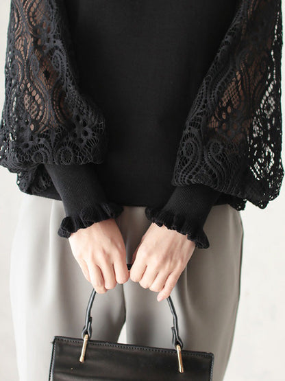 Tempermant Black Round-Neck Patchwork Hollow Lace Long Puff Sleeves Sweater QX011