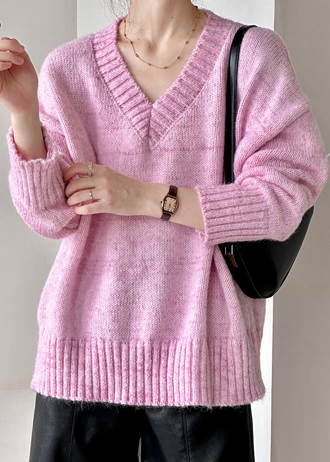 Lockerer rosa V-Ausschnitt-Strickpullover aus Baumwolle mit Hohlsaum, Herbst AF1091 