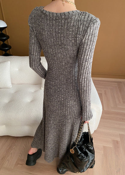 New Grey V Neck Button Cotton Knit Sweater Dress Long Sleeve AF1056