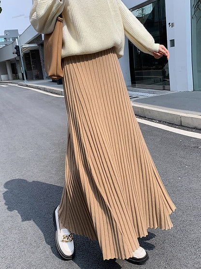 Brief Khaki High Waisted Pleated Striped A-Line Knit Skirt TW006