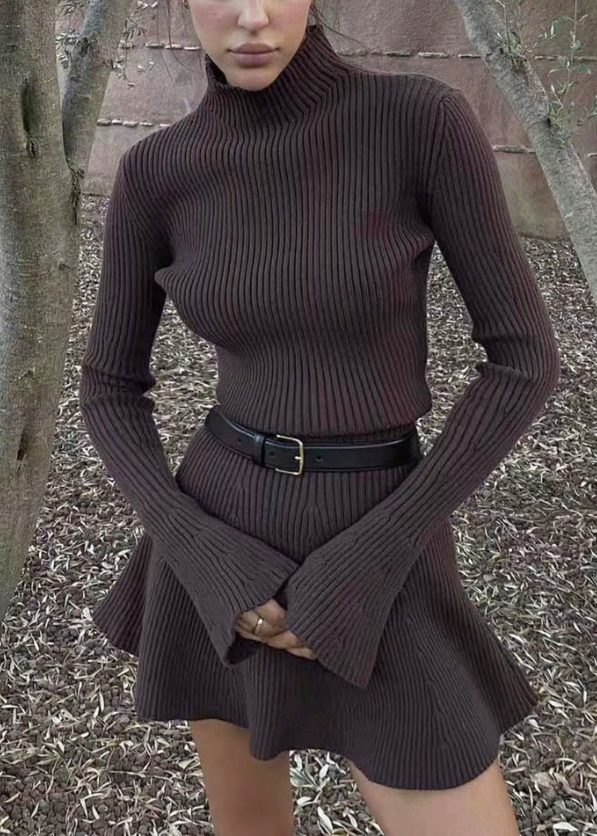 Women Coffee Turtleneck Cozy Knit Mid Dress Flare Sleeve AN1007