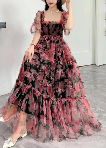 Robe longue en tulle imprimé à volants et col carré noir Vogue Été AZ1011 