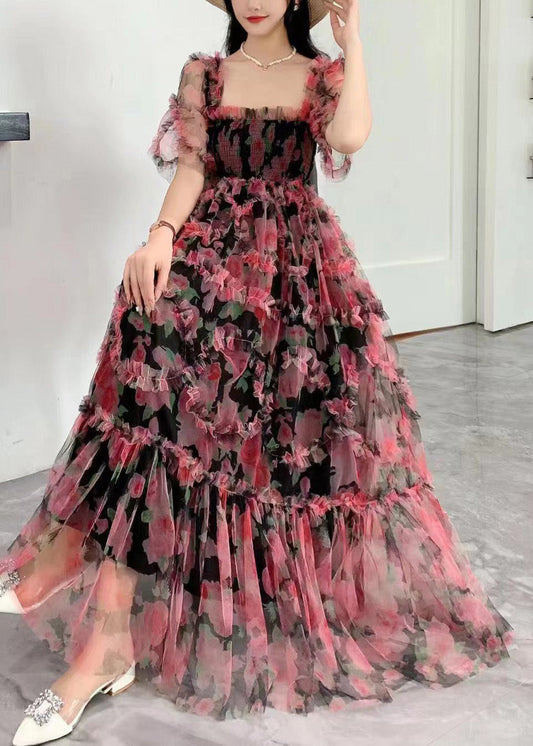 Robe longue en tulle imprimé à volants et col carré noir Vogue Été AZ1011 