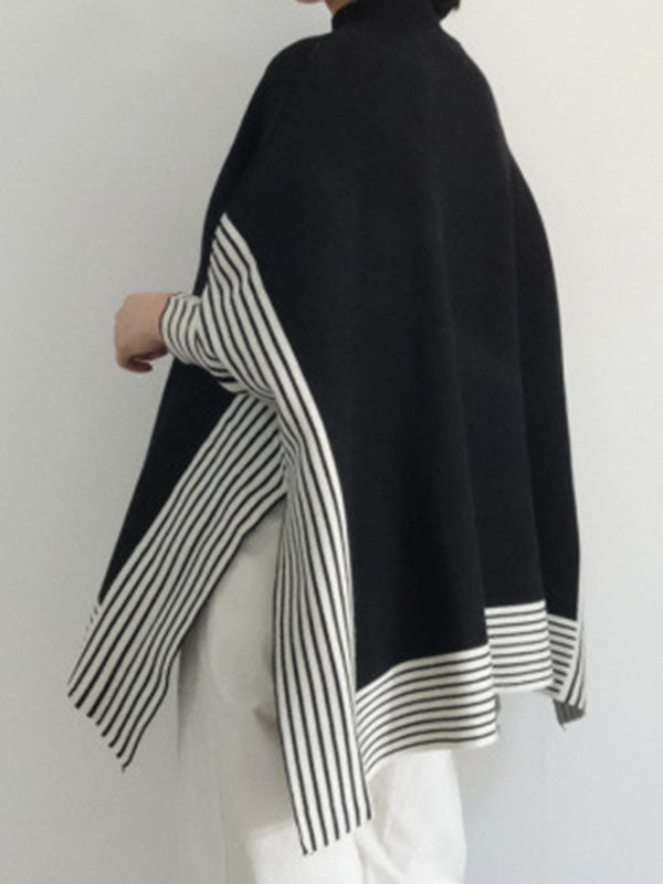 Design Loose High Neck Split-Side Striped Batwing Sleeve Sweater QX010