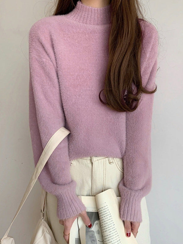 Warm Pink Mock Neck Long Sleeve Mink Sweater QX005