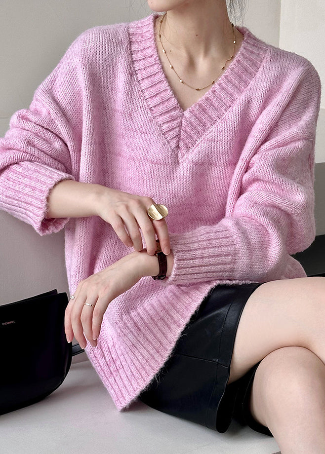 Lockerer rosa V-Ausschnitt-Strickpullover aus Baumwolle mit Hohlsaum, Herbst AF1091 