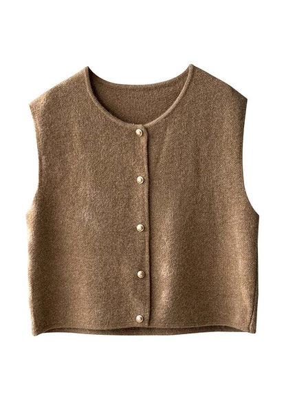 Damen Khaki O-Ausschnitt Knopf Strickweste Tops Ärmellos AF1082 