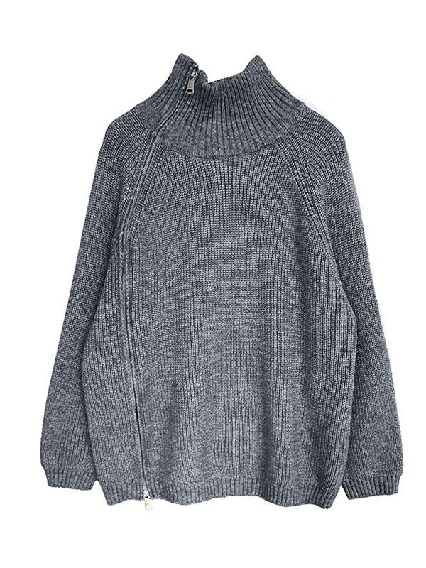 Urban Grey Neckholder-Pullover mit Schlitz an der Seite, lange Ärmel, Reißverschluss AN1033 