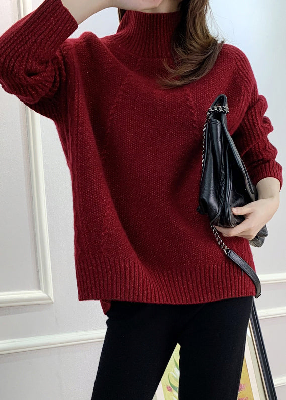 Women Red Turtleneck Cozy Cotton Knit Sweater Fall QX033