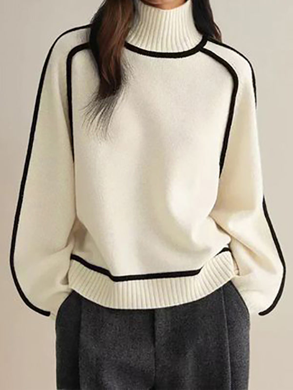 Original White High Neck Contrast Color Long Sleeve Sweater TW012