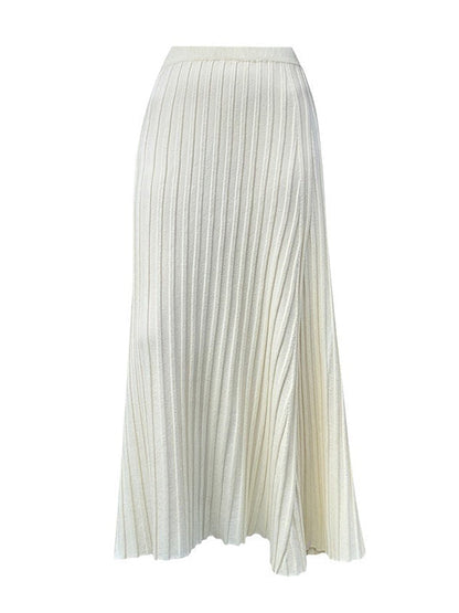 Brief Khaki High Waisted Pleated Striped A-Line Knit Skirt TW006