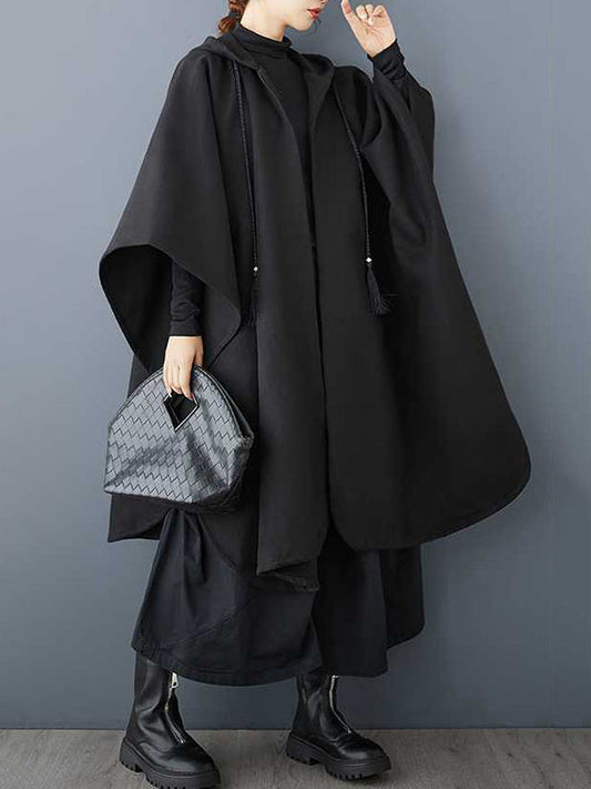 Stylish Black Hooded Drawstring Tasseled Pockets Zip-up Batwing Sleeve Trench Coat TW007