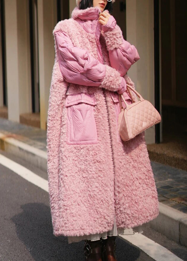 Cute Pink Pockets Teddy Patchwork Long Parka Winter WV007