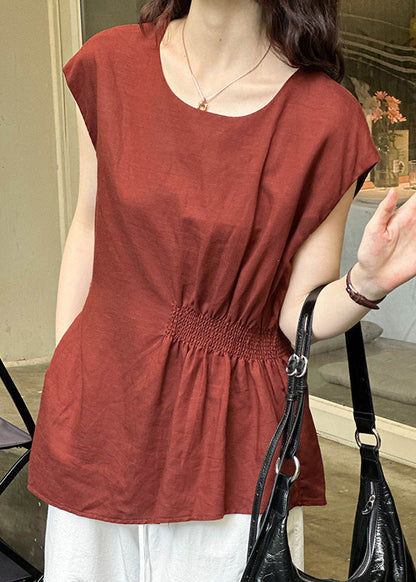 Frauen Rot O Neck Solid Baumwolle Tops Sommer AF1001 