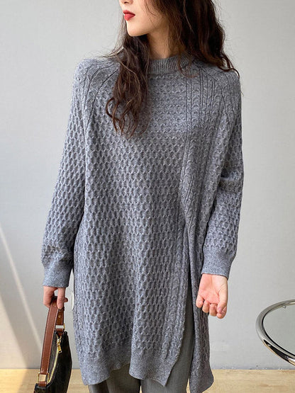 Retro Oatmeal Round-Neck Split-Side Long Sleeve Twist Knit Sweater AN1045