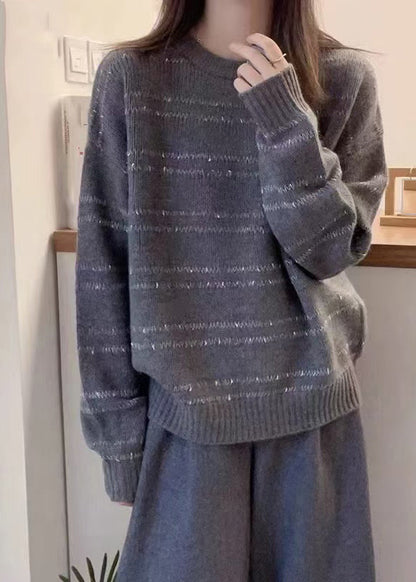 Pull en laine à rayures et col rond gris foncé pour femme Automne QP020 