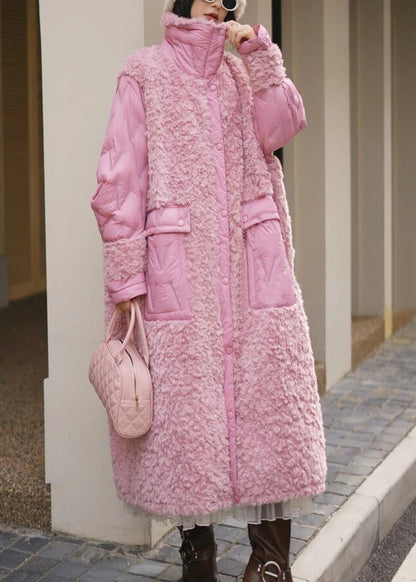 Cute Pink Pockets Teddy Patchwork Long Parka Winter WV007