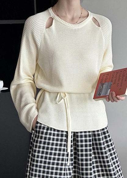 Pull en tricot beige à taille nouée et col rond à manches longues AF1095 