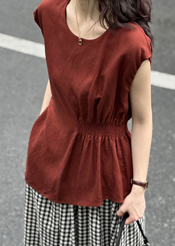 Women Red O Neck Solid Cotton Tops Summer AF1001