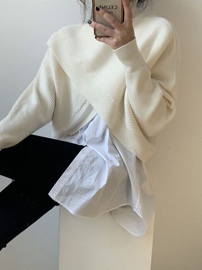 Urban White – Kurzer Pullover mit hohem Kragen, Schlitz vorne und langen Ärmeln AN1034 