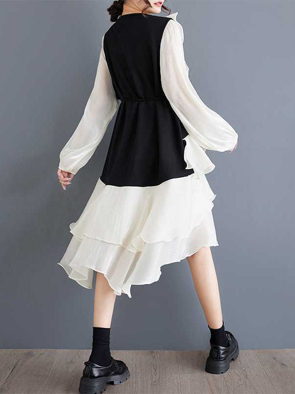 Chic Black Round-Neck Patchwork Contrast Color Ruffle Trim High-Low Long Sleeve Dress TW019