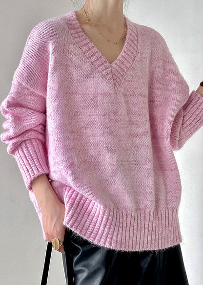 Lockerer rosa V-Ausschnitt-Strickpullover aus Baumwolle mit Hohlsaum, Herbst AF1091 