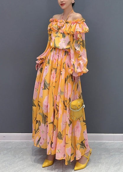 Women Orange Slash Neck Cold Shoulder Patchwork Long Dress Long Sleeve AO1024