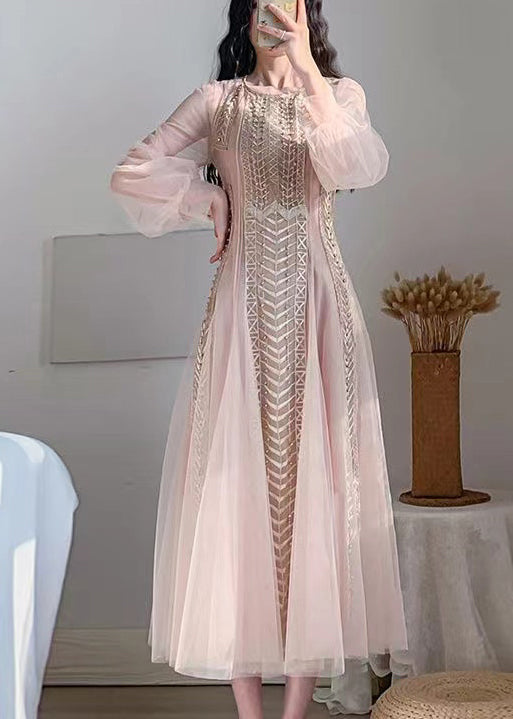 2024 Neues rosa Mesh-Tüllkleid mit Nagelperlen und Blasenärmeln AZ1019 