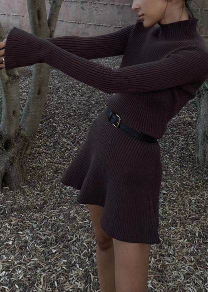 Women Coffee Turtleneck Cozy Knit Mid Dress Flare Sleeve AN1007