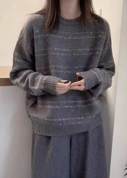 Women Dark Grey O-Neck Striped Wool Knit Sweater Fall QP020