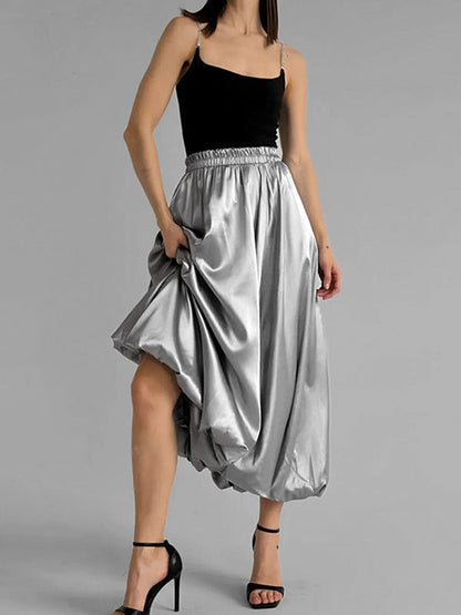 Chic Silver High Waisted Pleated A-Line Skirts WS011