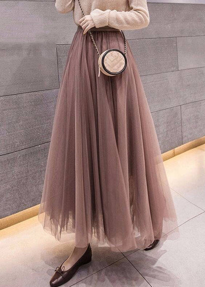 Simple Coffee Solid Elastic Waist Tulle Skirt Spring RV020