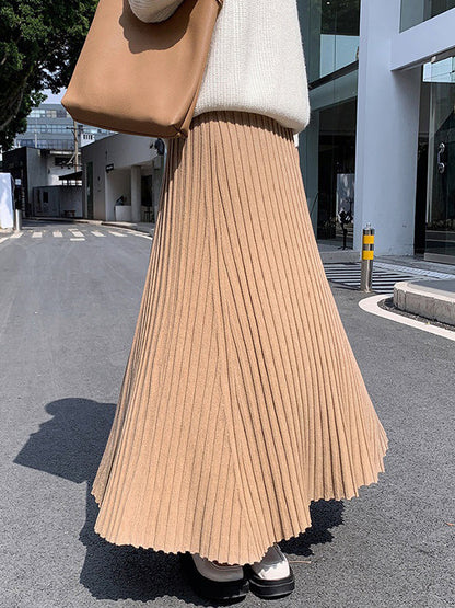 Brief Khaki High Waisted Pleated Striped A-Line Knit Skirt TW006