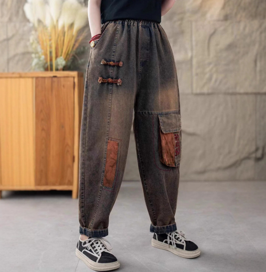 Women Autumn Vintage Patch Spliced Cotton Harem Pants AI1032