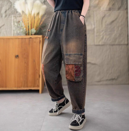 Women Autumn Vintage Patch Spliced Cotton Harem Pants AI1032